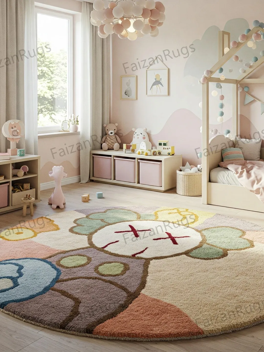 Kaws rug, Multi Color Round Hand Woven 100% Wool Rugs for kids room l Living room l kaws rug, Various size 4x4,5x5,6x6,8x8,7x7, kaws theme