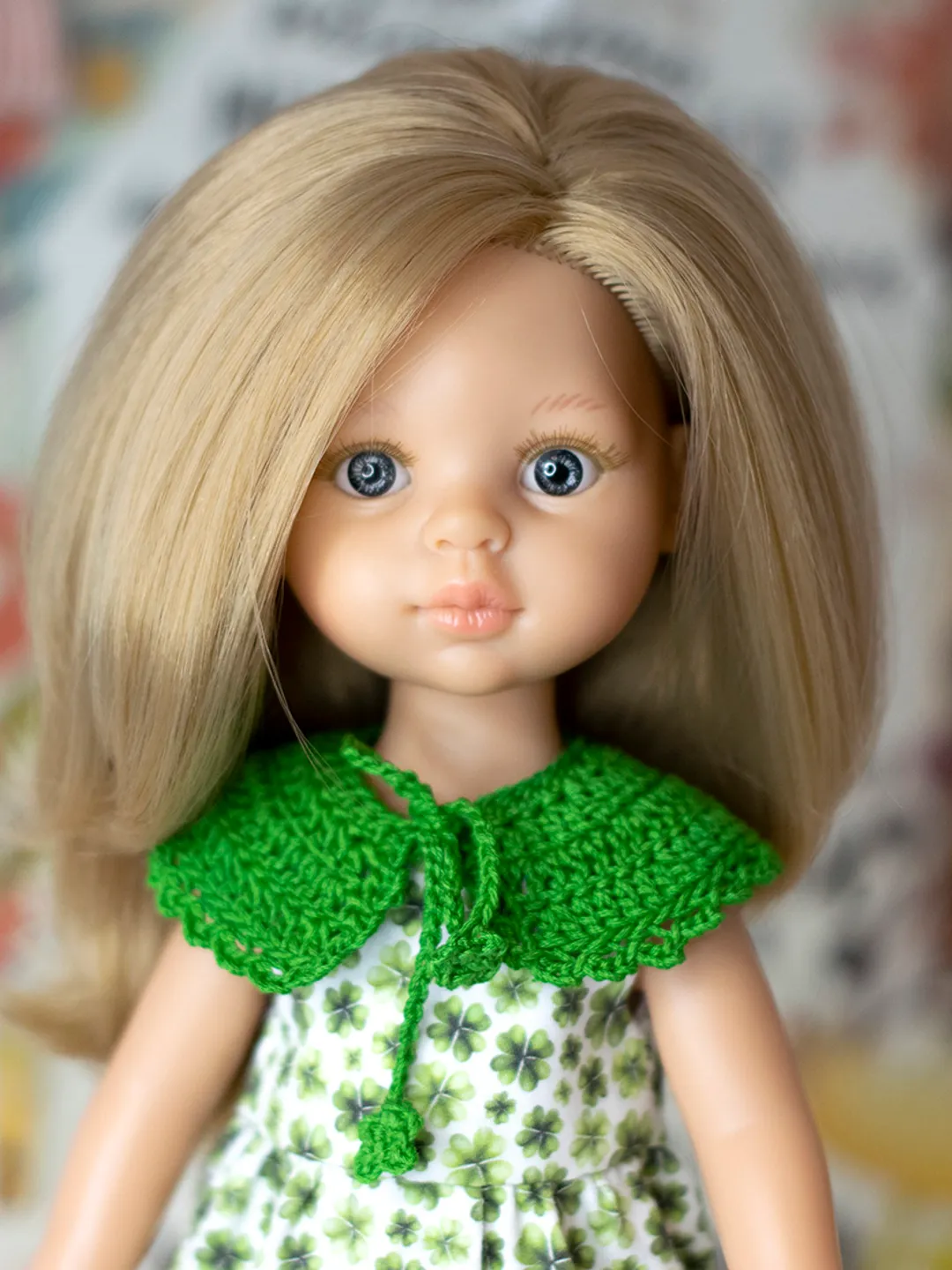 St Patrick's Day overall for dolls Paola Reina, Siblies Ruby Red, Little Darling, Minouche, 13 inch doll green clothes