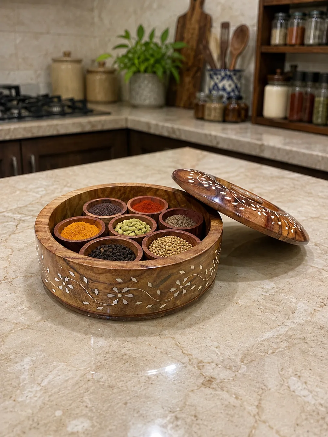 Wooden Spice Box with Lid | Handmade Masala Box Organizer