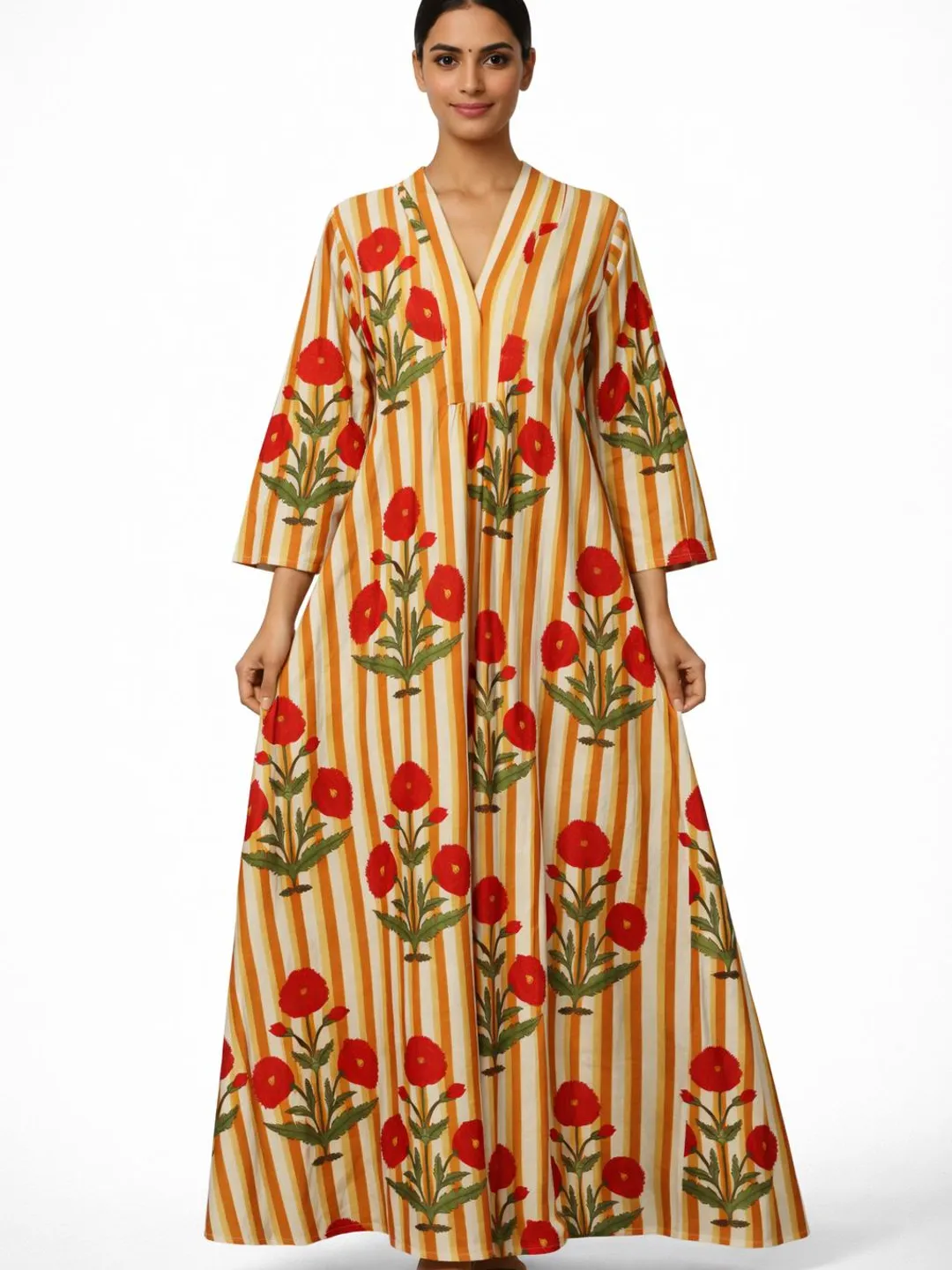 Hand Block Printed Cotton Maxi Dress, Mustard Floral Boho Kaftan Style Summer Beach Wear