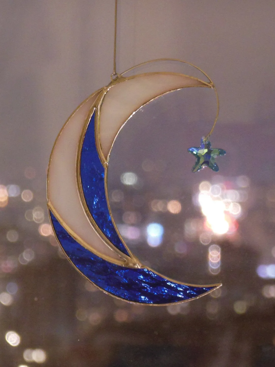 Moon with Shooting Star Swarovski Сrystal . Stained glass window hanging Suncatcher , idea for anniversary , birthday and Christmas gift