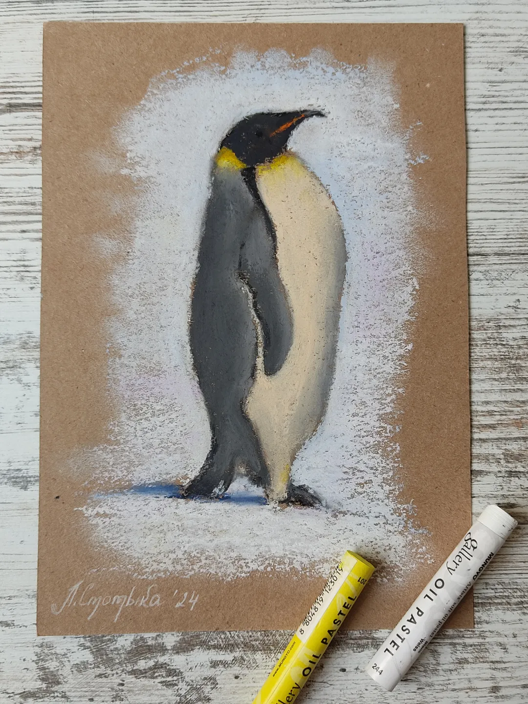 Penguin. Original oil pastel painting.