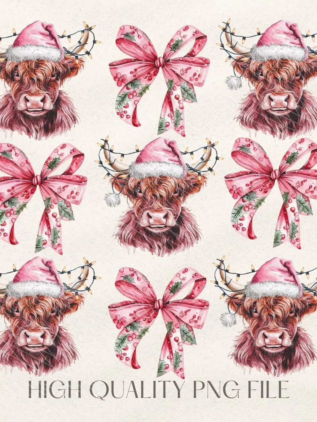 Highland Cow png,Christmas Lights PNG,Farm Animal Christmas PNG,Farmer Christmas png, Western png, Christmas png, pink country Christmas png