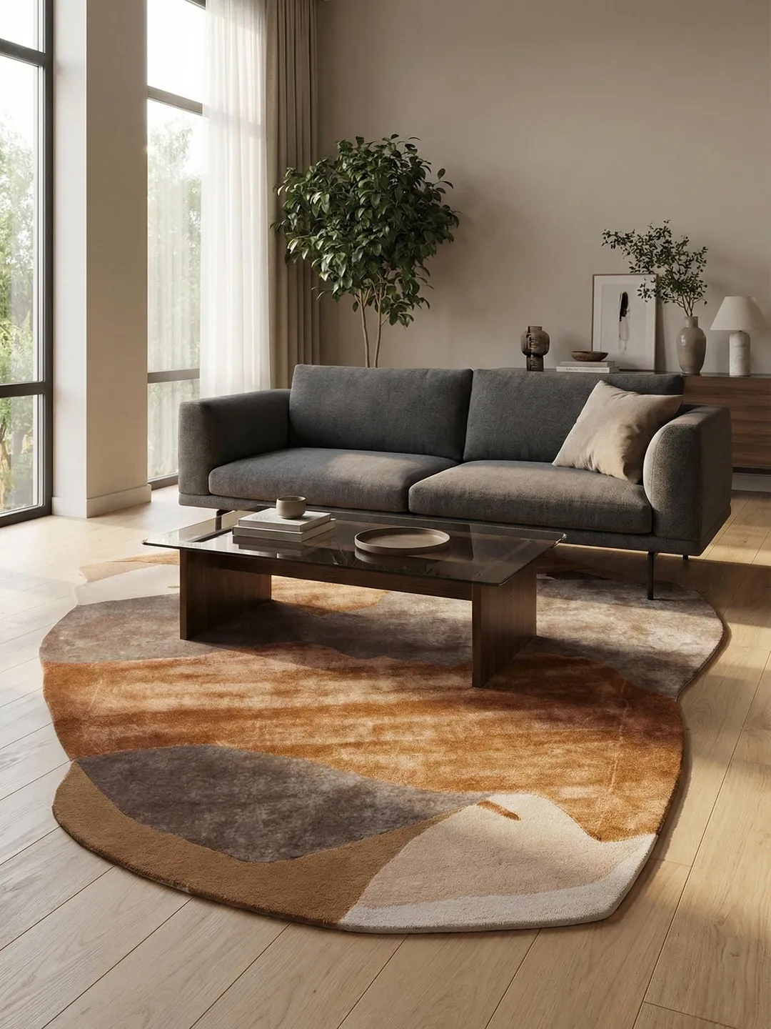 Hand-Tufted Wool Oval Rug, Abstract Geometric Earth Tones