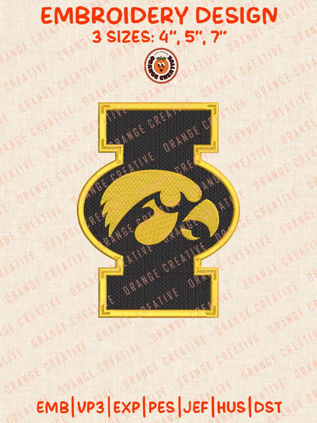 Iowa Hawkeyes Embroidery Design, NCAA Iowa Hawkeyes Team Logo Embroidery Design, Machine Embroidery Design File, 4 Sizes, Digital Download