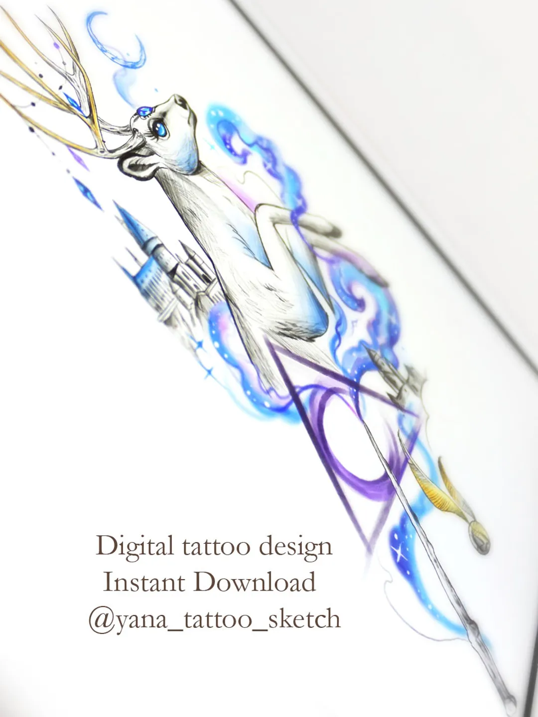 Deer Tattoo Design Magic Tattoo Idea Sketch Stencil, Instant download PDF, JPG