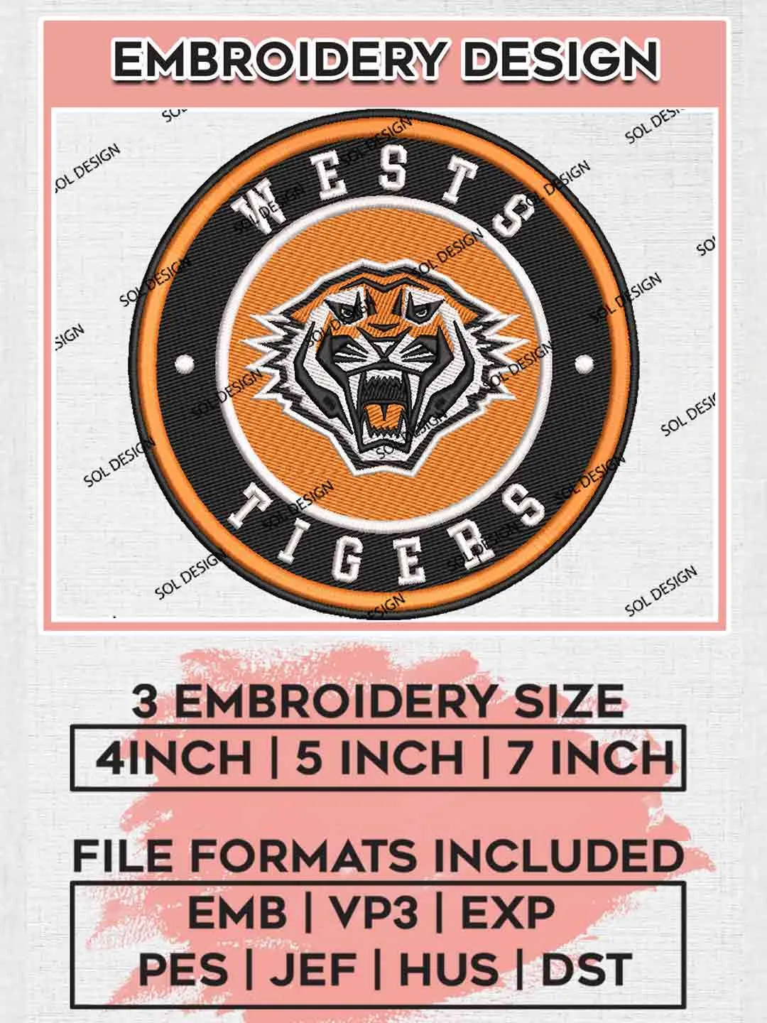 NRL Wests Tigers Cirle Logo Embroidery Design, National Rugby League Embroidery Design, Wests Tigers Logo Embroidery Design, NRL Machine Embroidery Digitized Pes File, 3 Sizes, Instant Download