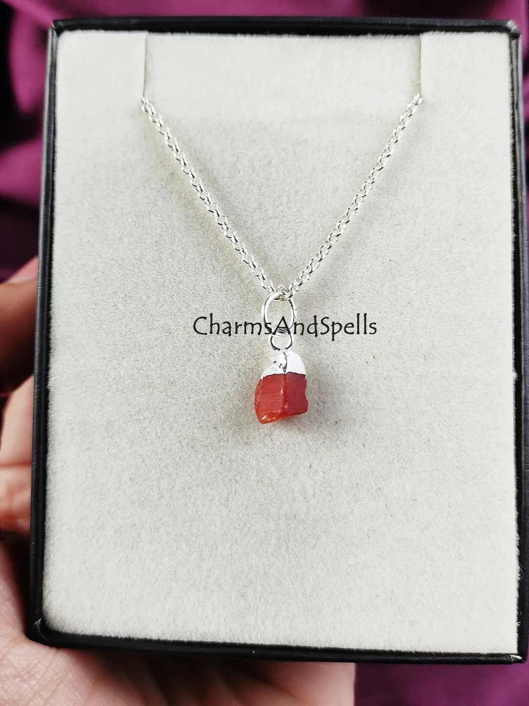 Raw Carnelian Stone Necklace, Layering Necklace, Carnelian Charm Pendant, Electroplated Necklace, Silver plated Necklace,Valentine Day Gifts