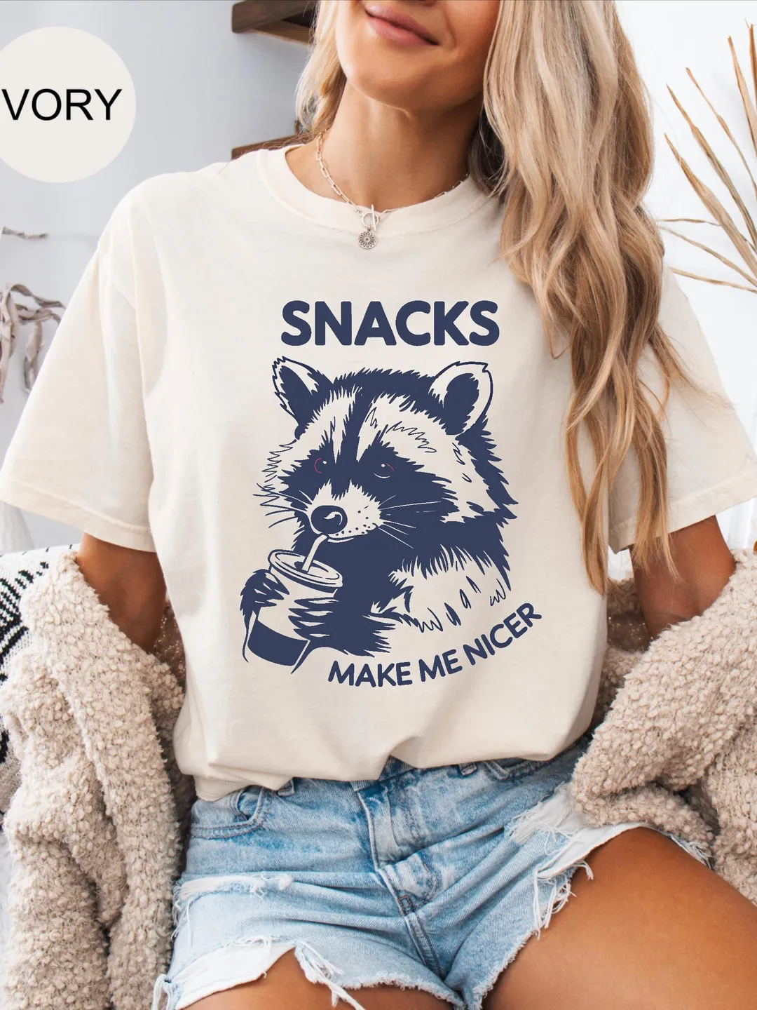 Comfort Colors® Funny Raccoon Snacks Make Me Nicer T-Shirt, Raccoon Meme Shirt, Retro Vintage Coffee Lover Shirt, Funny Gift for Her