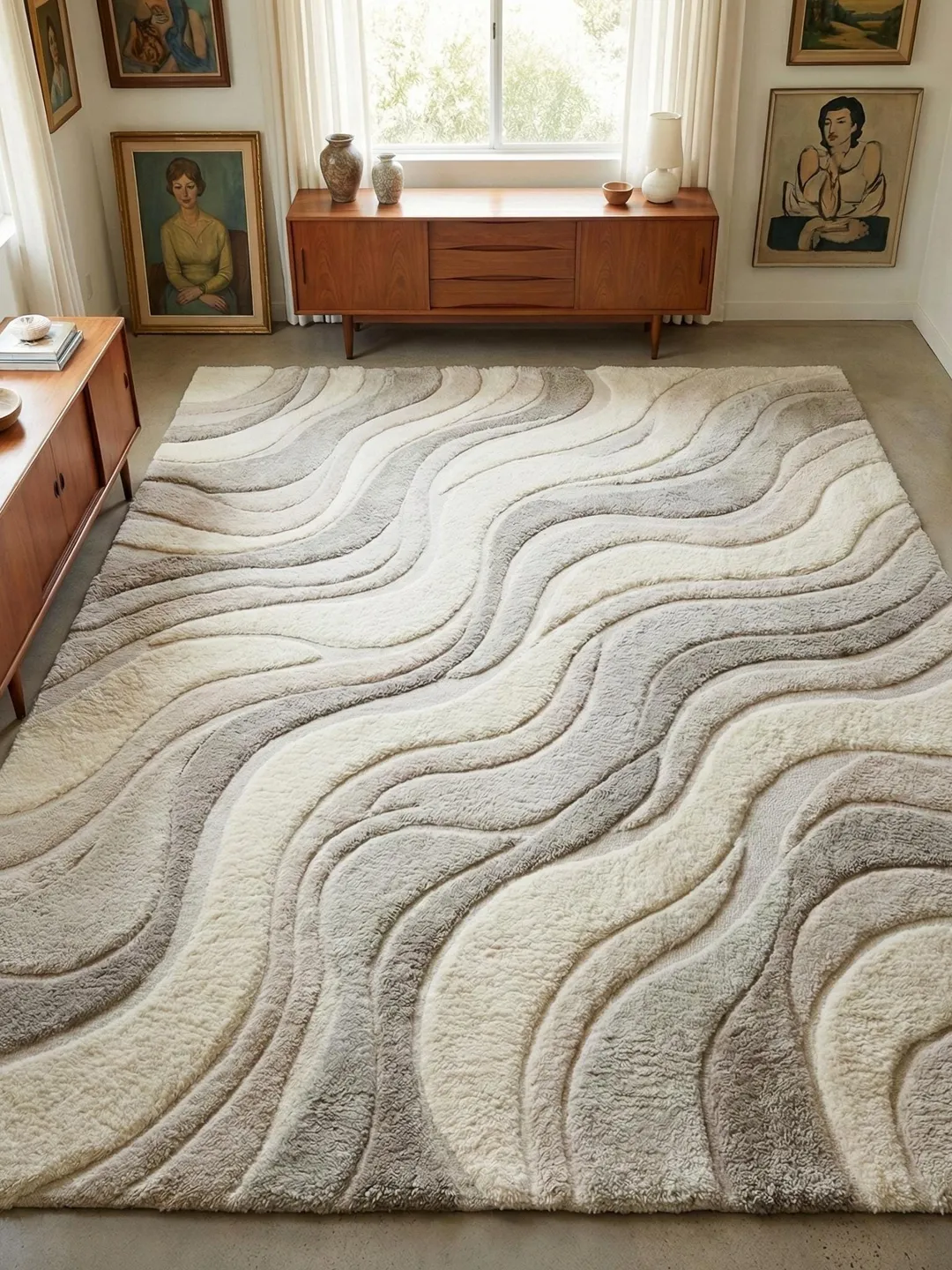 Hand Tufted Abstract Wave Wool Rug, Modern Neutral Living Room Carpet