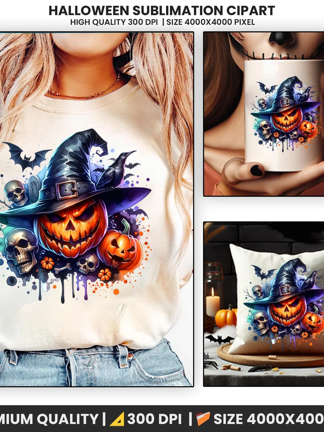 Watercolor Halloween Clipart PNG Bundle, Spooky Witch, Pumpkin ...