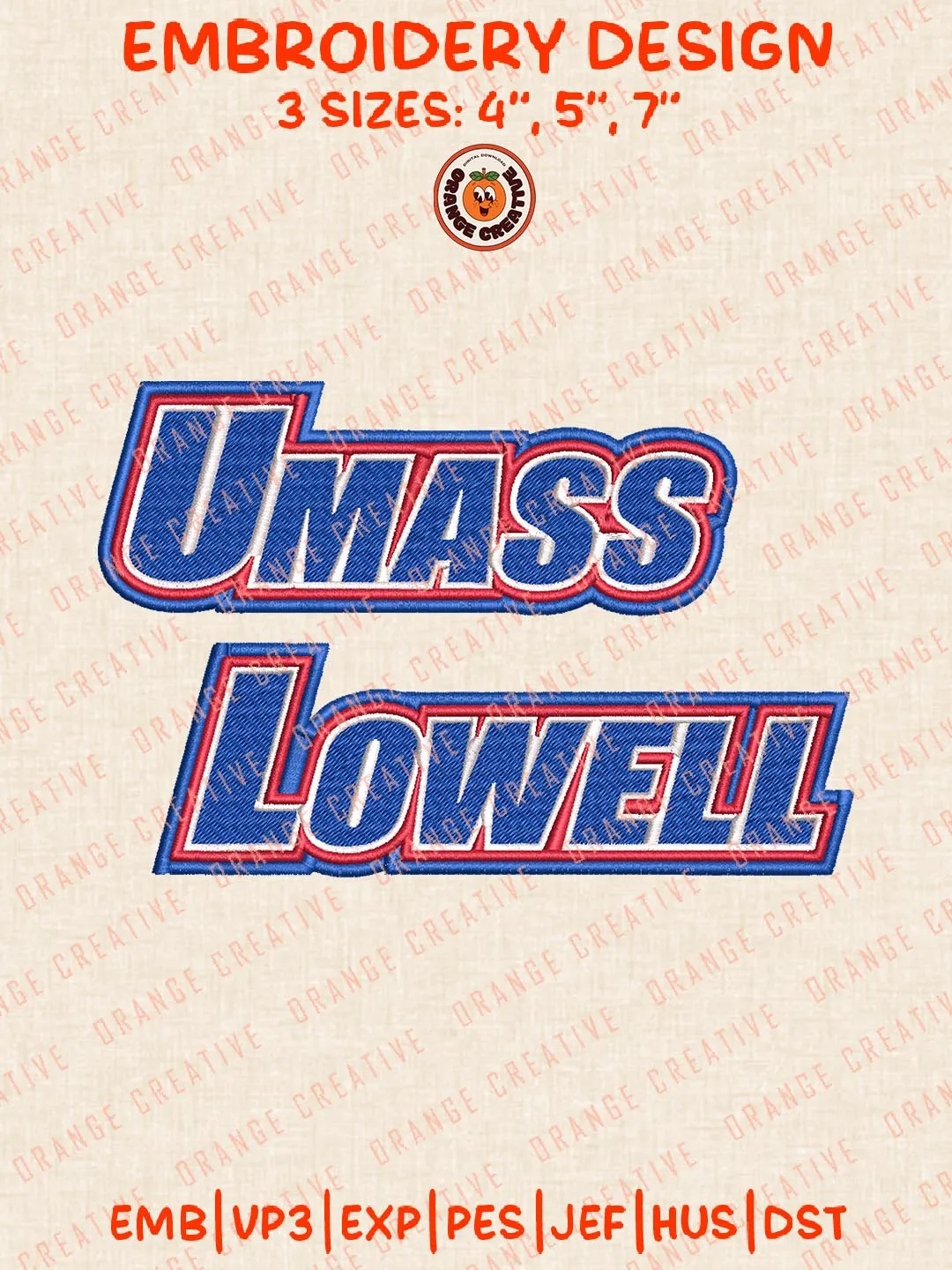 UMass Lowell Text Embroidery Design Files, NCAA Logos Embroidery Designs, NCAA UMass Lowell River Hawks Machine Embroidery Files, 3 Sizes, Custom Sizes, Instant Download