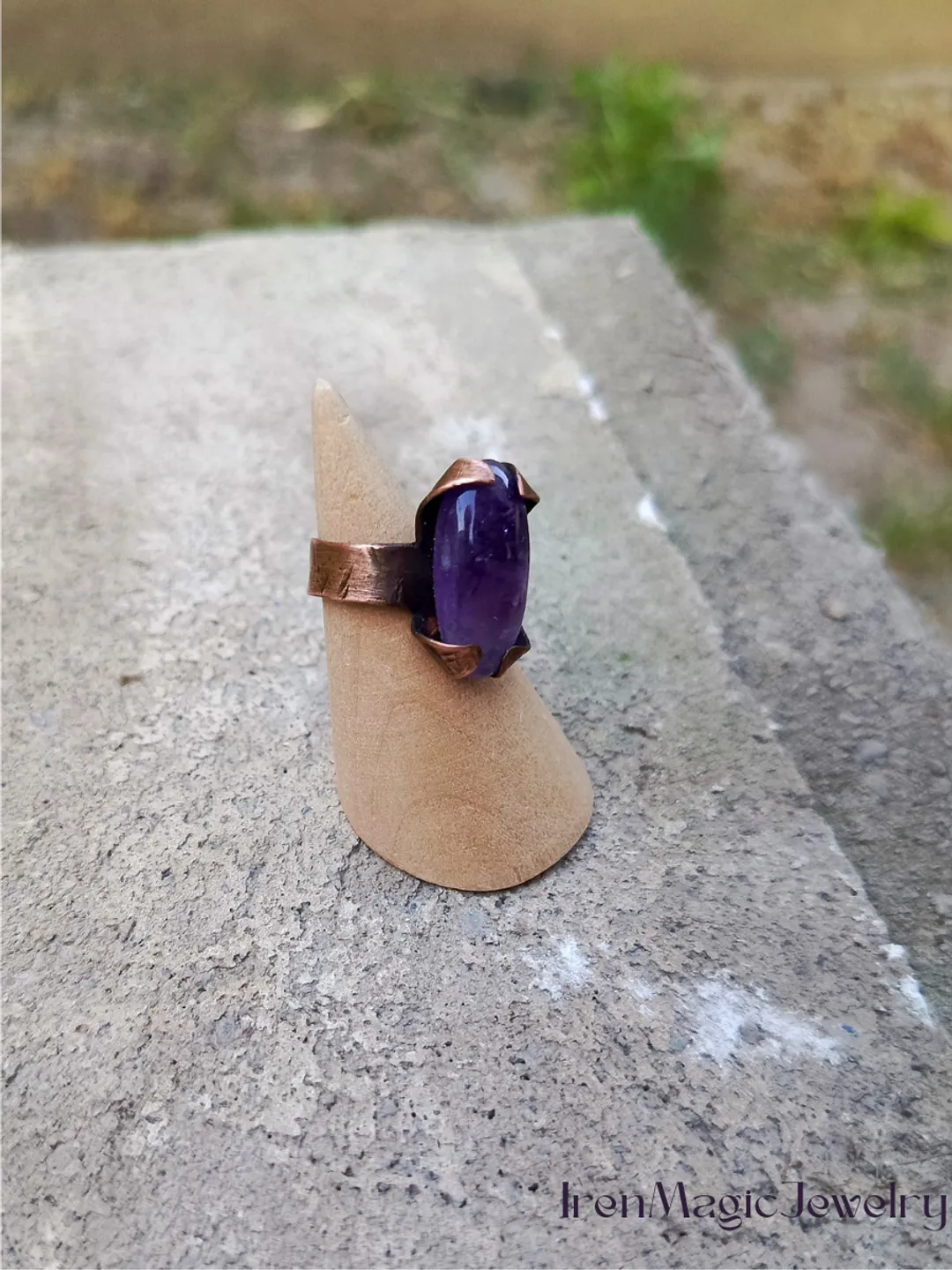 Copper Amethyst Oval Ring Boho Tribal Handmade