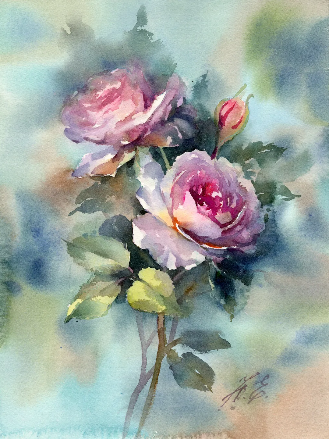 Pink roses painting / Original watercolor