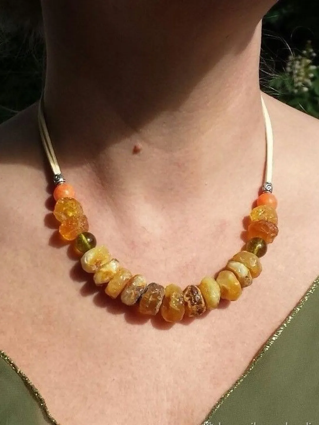 Raw Amber Choker Necklace for Women Genuine Amber Jewelry Healing Stone Beads Necklace on the cord Multicolored Spring Summer Everyday Jewelry for Health Aid Thyroid Treatment Gift girlfriend mom Christmas, Birthday handmade jewelry Yellow, green orange