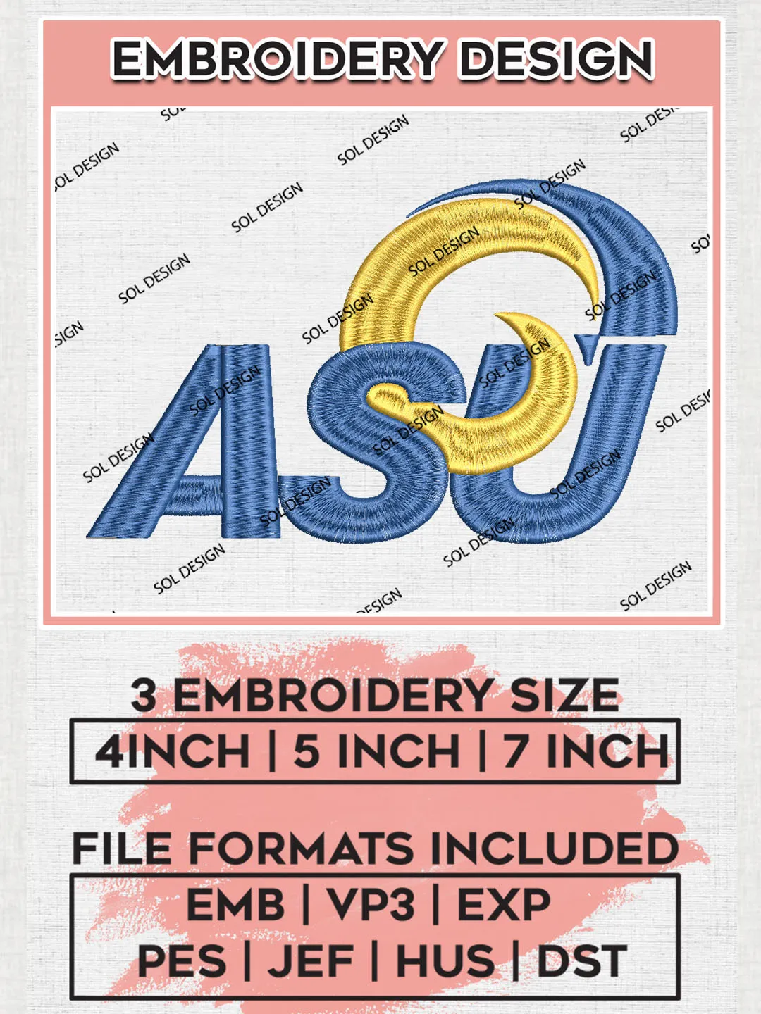 NCAA ASU Rams Logo Embroidery, NCAA Angelo State Rams Logo Embroidery files, NCAA Teams, Machine embroidery designs, Digital Download