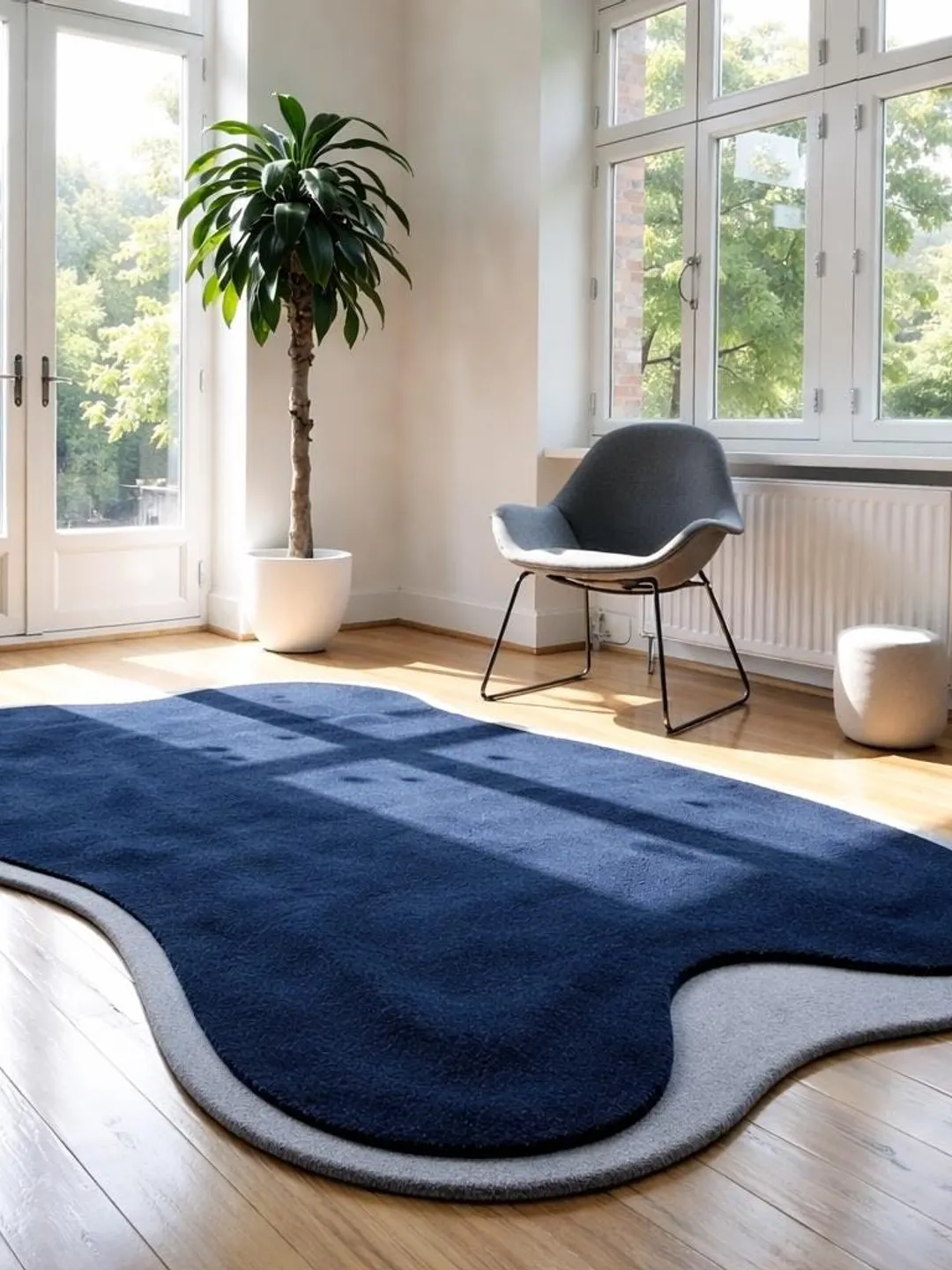 Abstract Carpet in Navy Blue, Mustard Gold & Grey - Soft Hand-Tufted ...