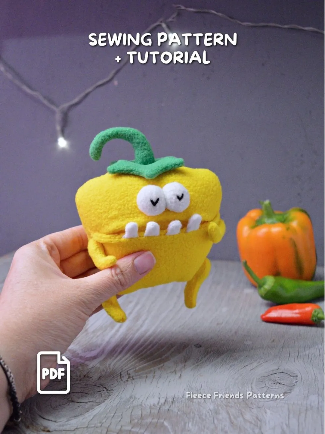 Pepper Monster Sewing Pattern PDF, Veggie Plush with Working Mouth Pocket, Beginner Soft Toy Tutorial