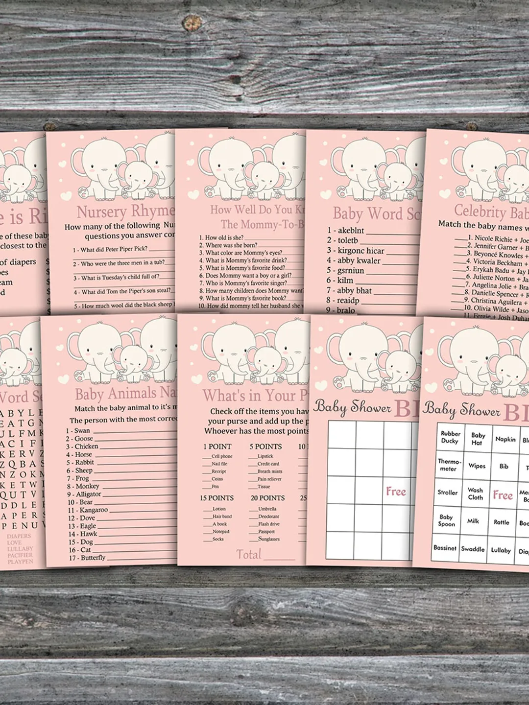 Elephant baby shower games bundle,Safari themed Baby Shower games package,Fun Baby Shower Games,9 Printable Games-306
