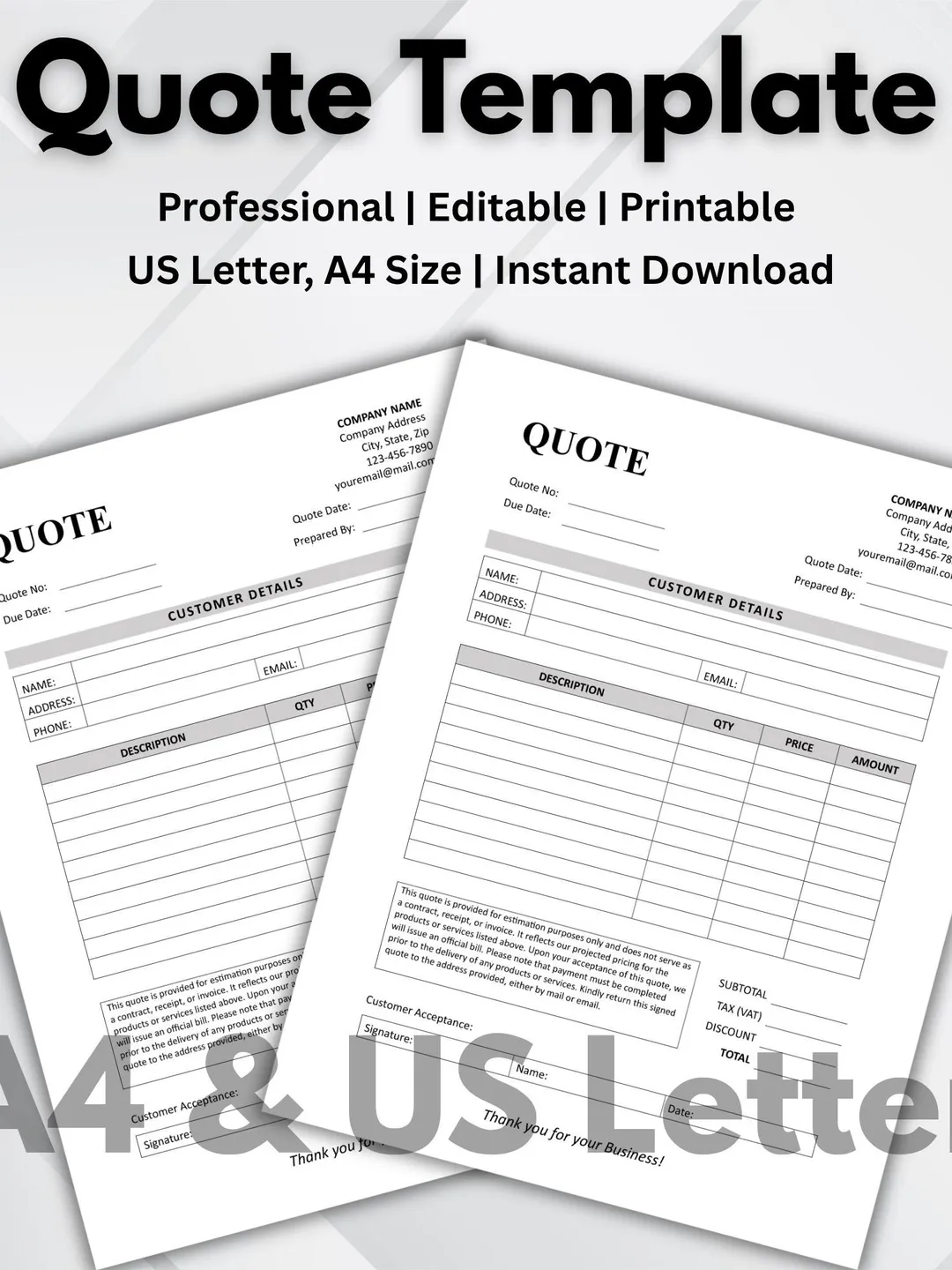 Example Craft Quote Form Printable Quote Template. Quote Form. Job Proposal. Price Estimate for ...