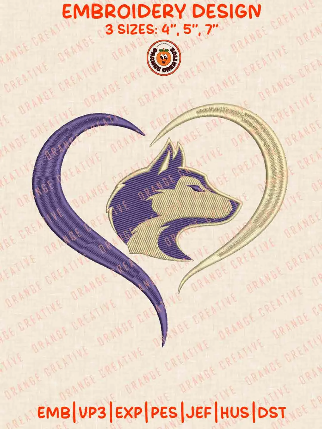 Washington Huskie Heart Embroidery Design Files, Football Embroidery Designs, Sport Machine Embroidery Files, 3 Sizes, Custom Sizes, Instant Download