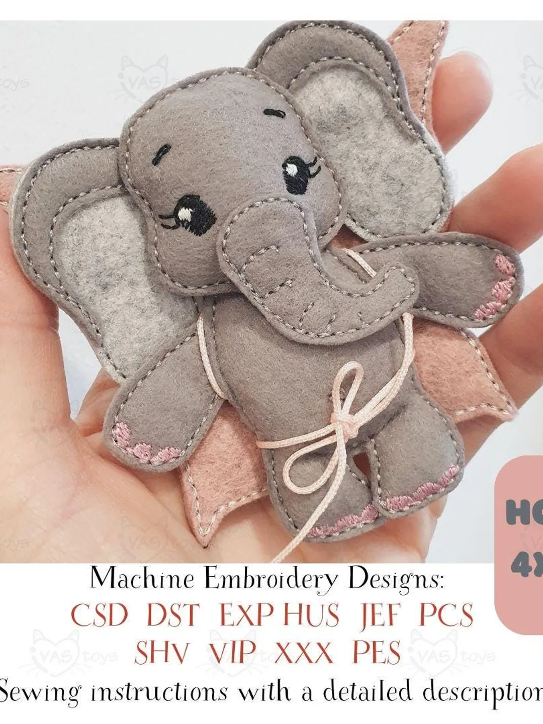 ITH Elephant with Butterfly Wings Embroidery Design, Fantasy Felt Stuffed Toy Pattern, 4x4 Hoop Digital File