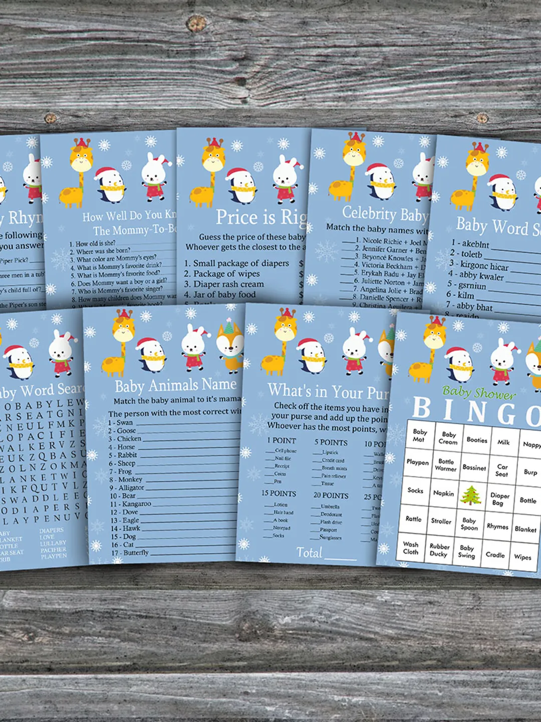Winter animals baby shower games bundle,Christmas Baby Shower games package,Fun Baby Shower Games,9 Printable Games-232