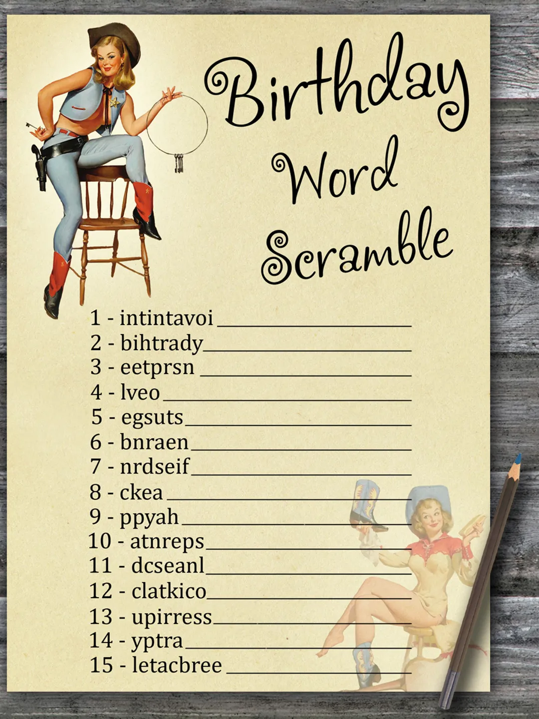 Cowboy themed Birthday Word Scramble Game,Adult Birthday party game printable-fun games for her-Instant download