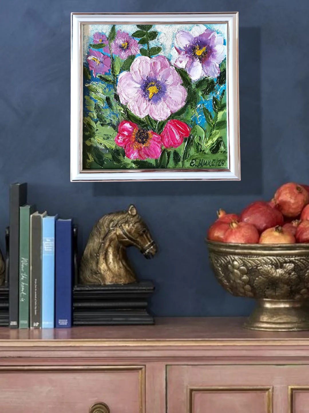 Oil painting flowers "Hollyhocks in the garden"20x20 cm, (7,87x7,87 inches) , 3D, impasto