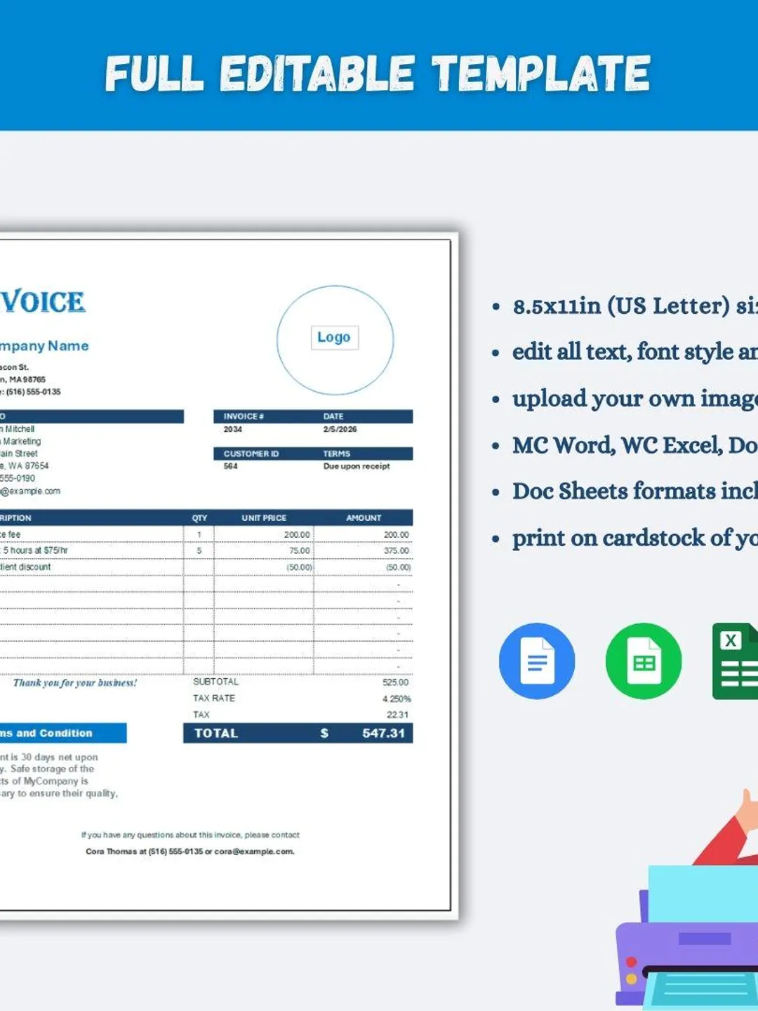 Editable Invoice Template for Small Business | Google Docs, Word ...