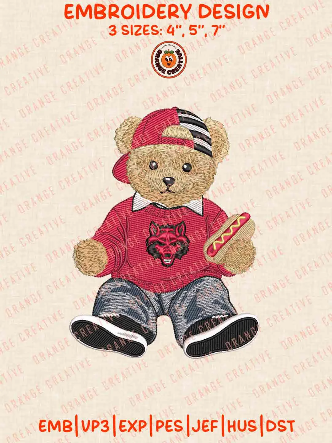 Arkansas State Red Wolve Teddy Bear Embroidery Design Files, Football Embroidery Designs, Sport Machine Embroidery Files, 3 Sizes, Custom Sizes, Instant Download