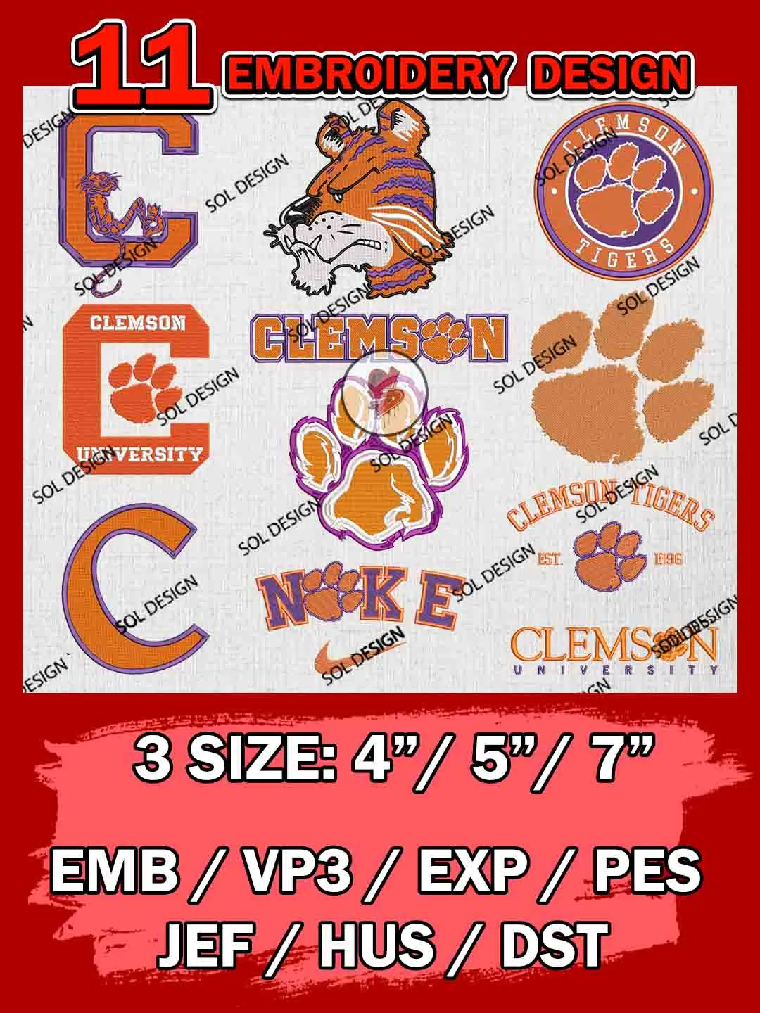 11 NCAA Clemson Tigers Bundle Embroidery Files, NCAA Clemson Tigers Team Bundle Embroidery Designs, NCAA Teams, National College Football Team 3 sizes, NCAA Clemson Machine Embroidery, Digital Download