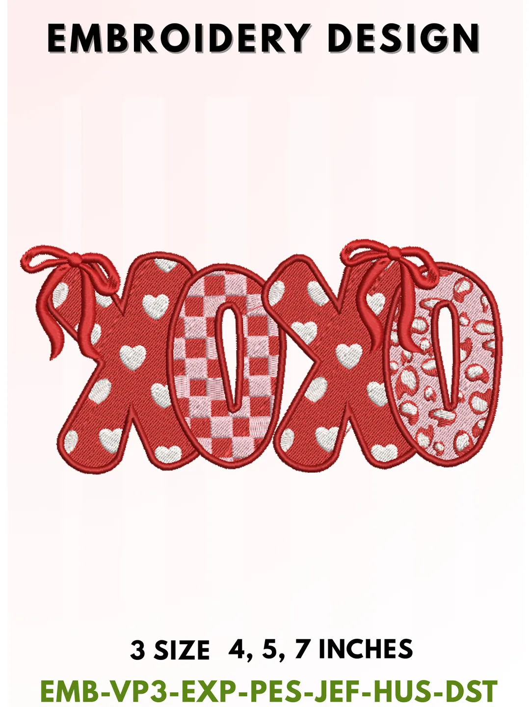 XOXO Valentine Embroidery, Red Checkerboard & Heart Pattern Typography, Aesthetic Coquette Ribbon Bow Design, Leopard Print Love Aesthetic, 3 Sizes