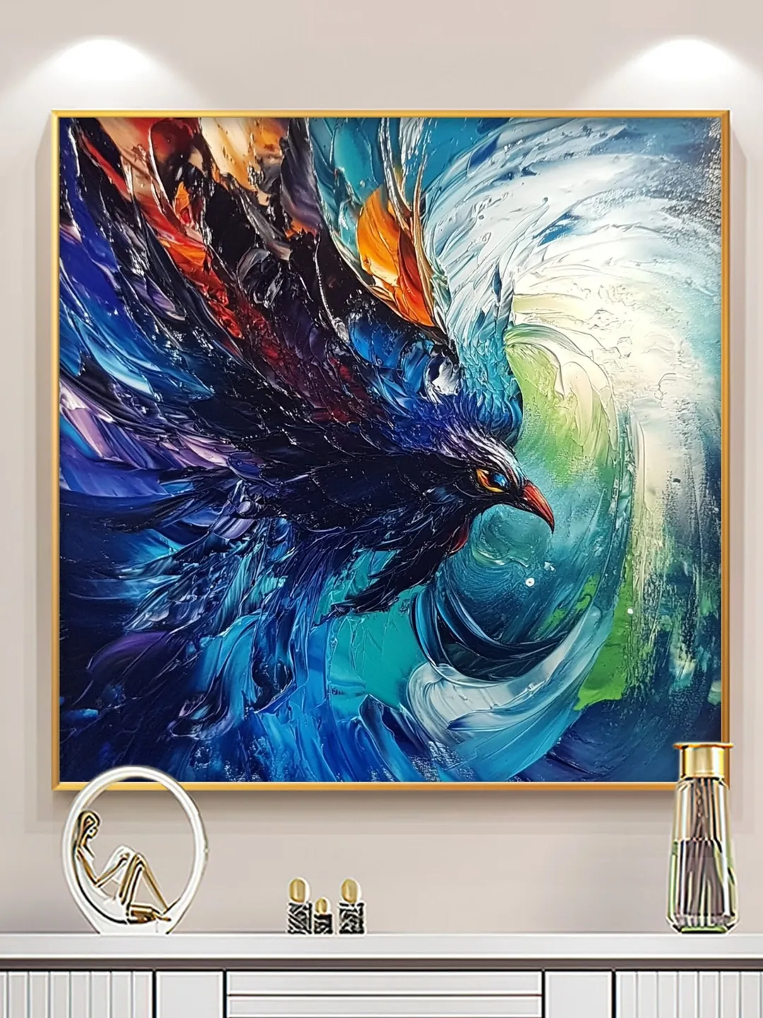 Hand-Painted Abstract Oil Painting | Vibrant Blue Bird in Motion | Stunning Wall Art with Bold Colors for Living Room Decor