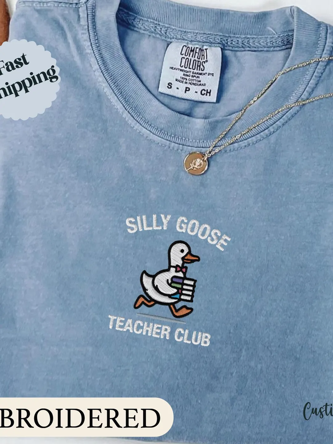 Embroidered Silly Goose Teacher Shirt, Comfort Colors Unisex Tee, Funny Book Lover Thrift Junkie T-Shirt, Quirky Teacher Gift, Casual Style