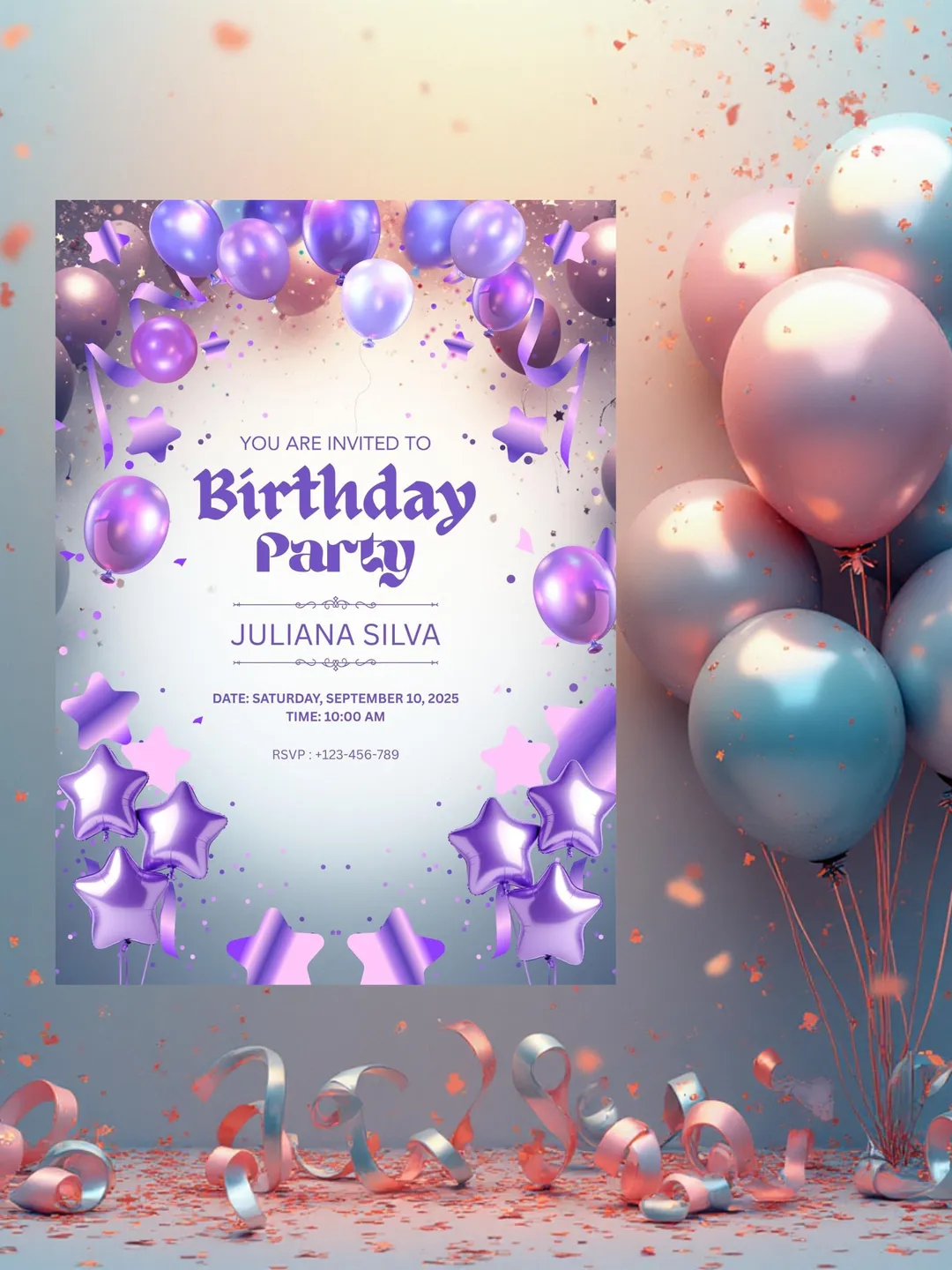 Editable Blue Balloon Birthday Invitation Template | Customizable Any Age | Printable 5x7 Invite Canva Template