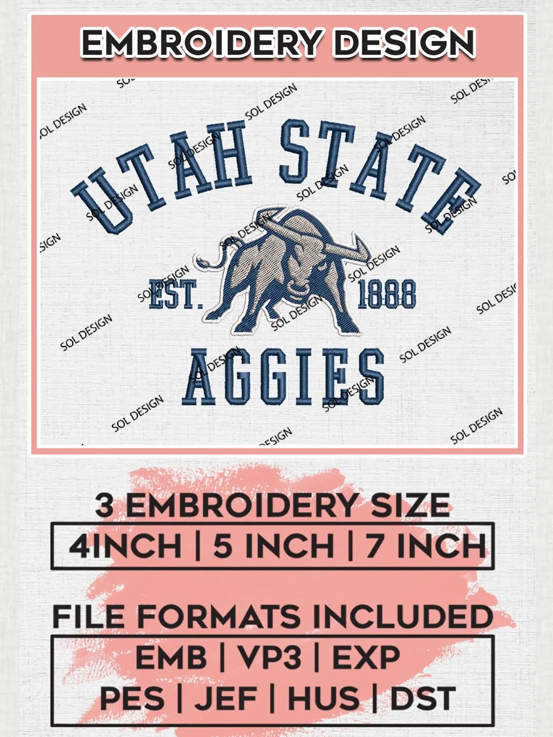 Utah State Aggies Est 1888 Logo Embroidery Designs, NCAA Utah State Aggies Team Embroidery, NCAA Team Logo, 3 sizes, Machine embroidery Files, Digital Download