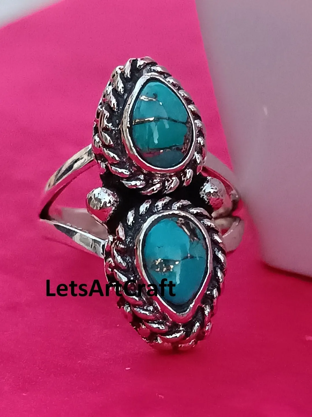 Handmade Turquoise Ring: 925 Sterling Silver Boho Statement Ring