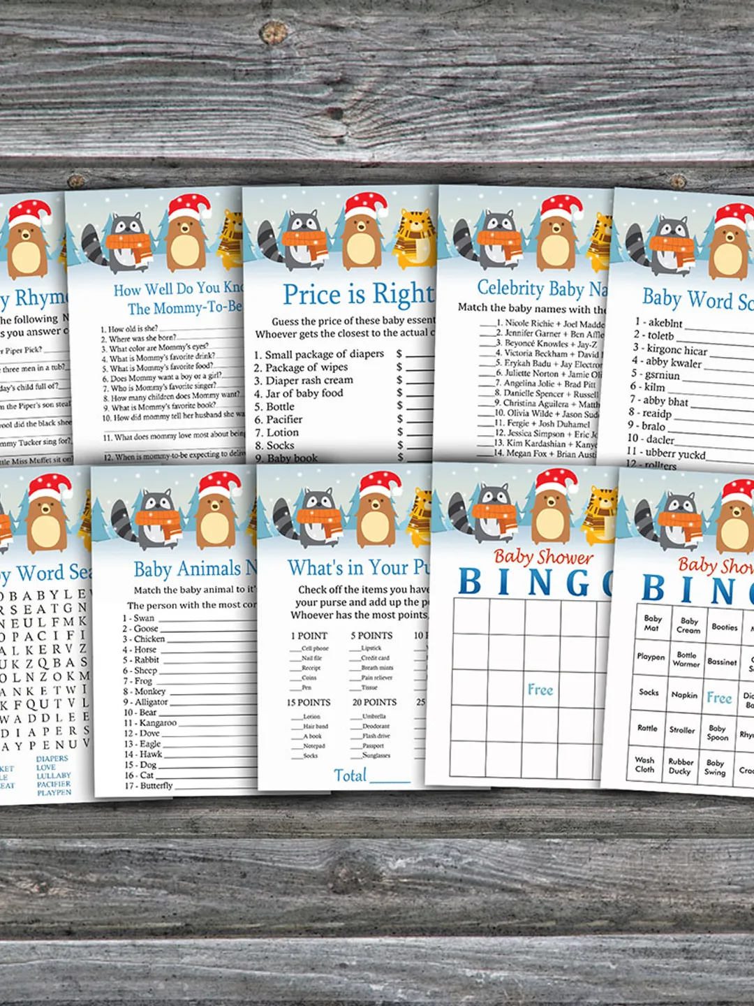 Winter animals baby shower games bundle,Christmas Baby Shower games package,Fun Baby Shower Games,9 Printable Games-247