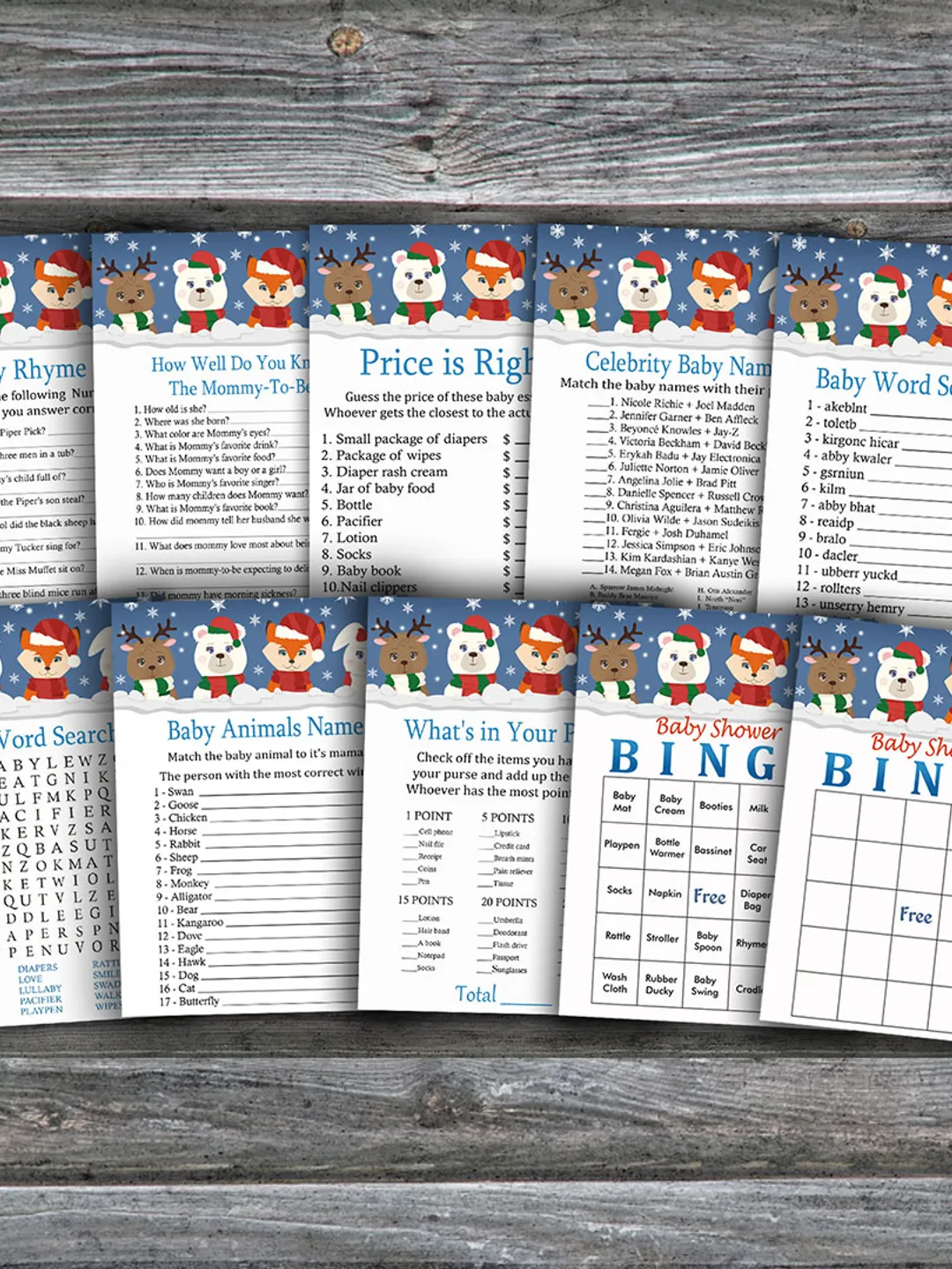 Cute Winter animals baby shower games bundle,Christmas Baby Shower games package,Fun Baby Shower Games,9 Printable Games