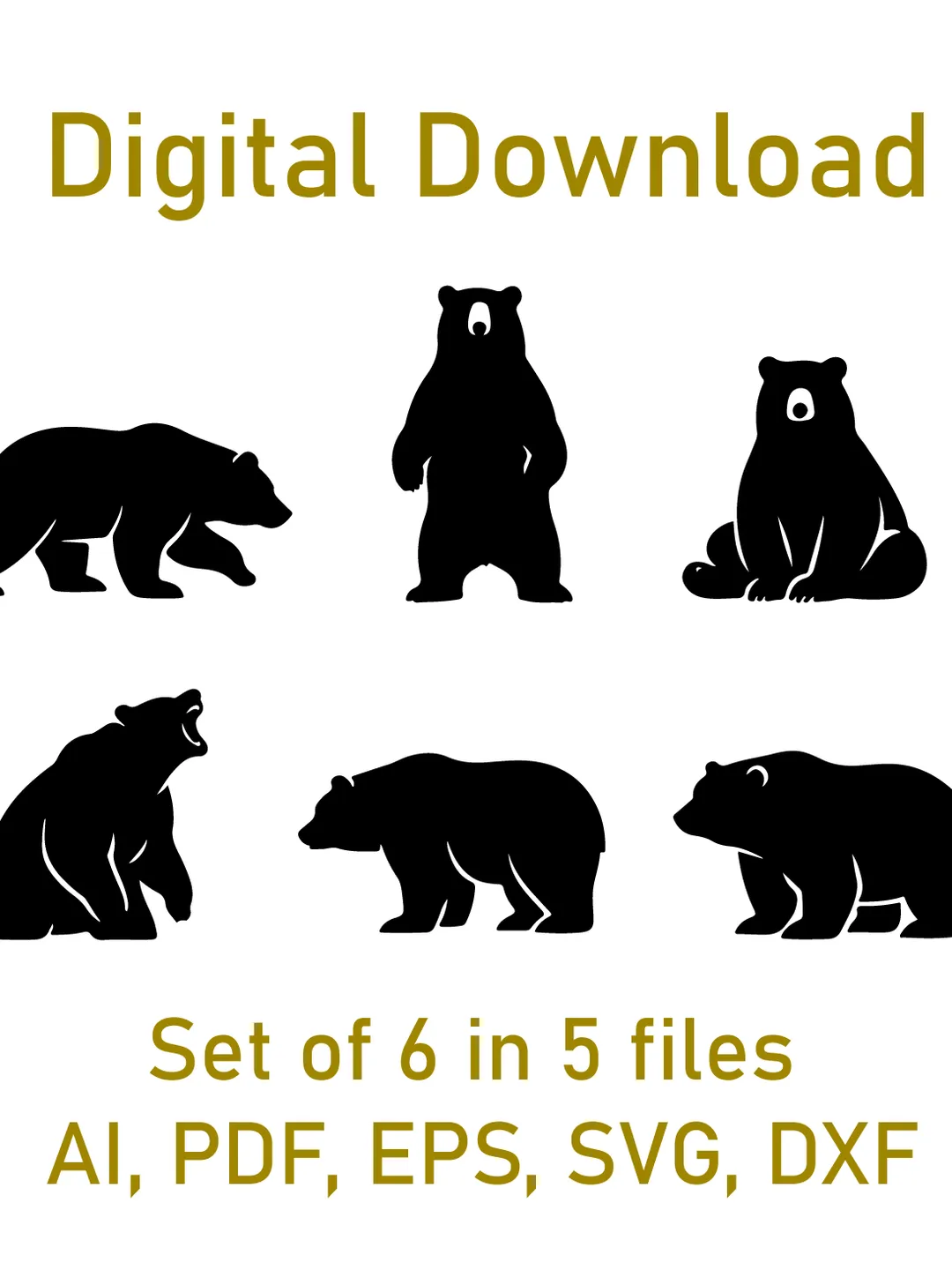 Bear SVG Bundle, Bear Silhouette SVG, Wildlife Animal SVG Pack, Cricut Cut File, Forest Animal Clipart, Instant Download PNG DXF EPS