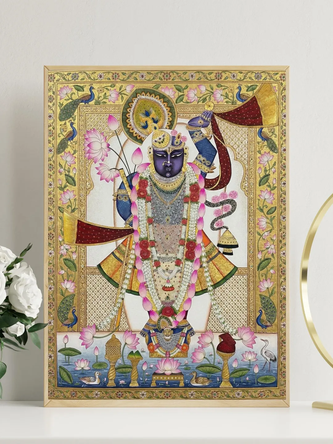 Pichwai Shreenathji Wall Art,  Shrinathji Painting, Lord Krishna, Indian Folk Art, Hindu god,