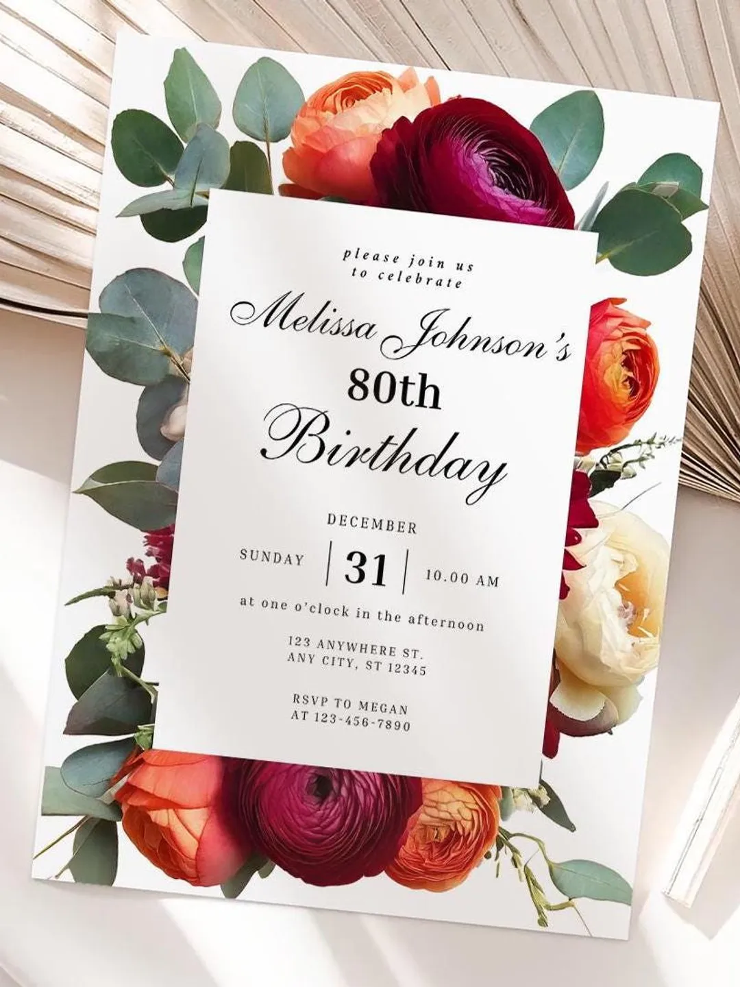 80th Birthday Invitation Elegant Floral Birthday Evite, Burgundy Peach  Ivory Ranunculus Eucalyptus 85th Printable Invite canva template, image size:1080x1440
