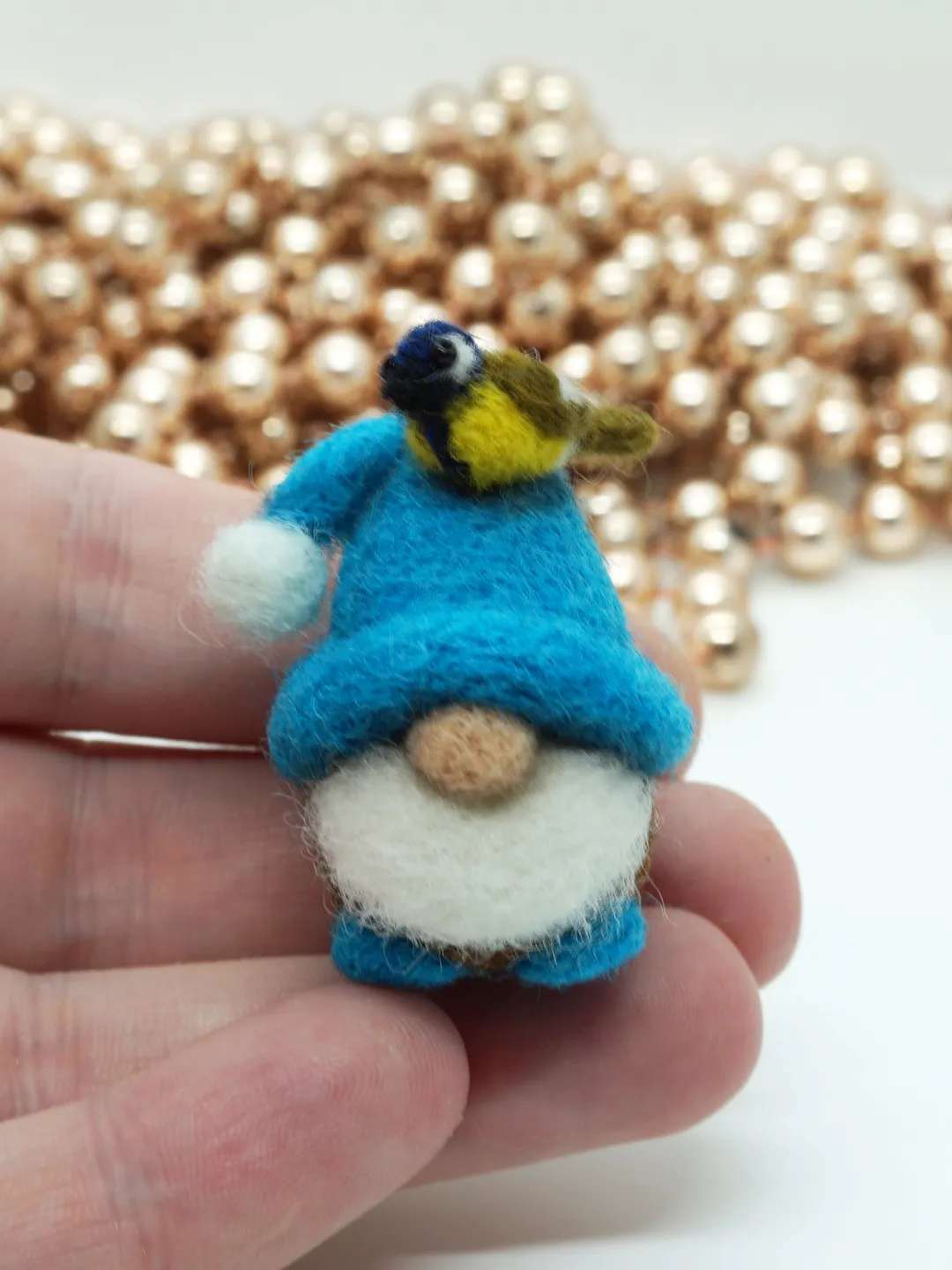 Miniature needle felted gnome, spring gnome, blue tit, made to order