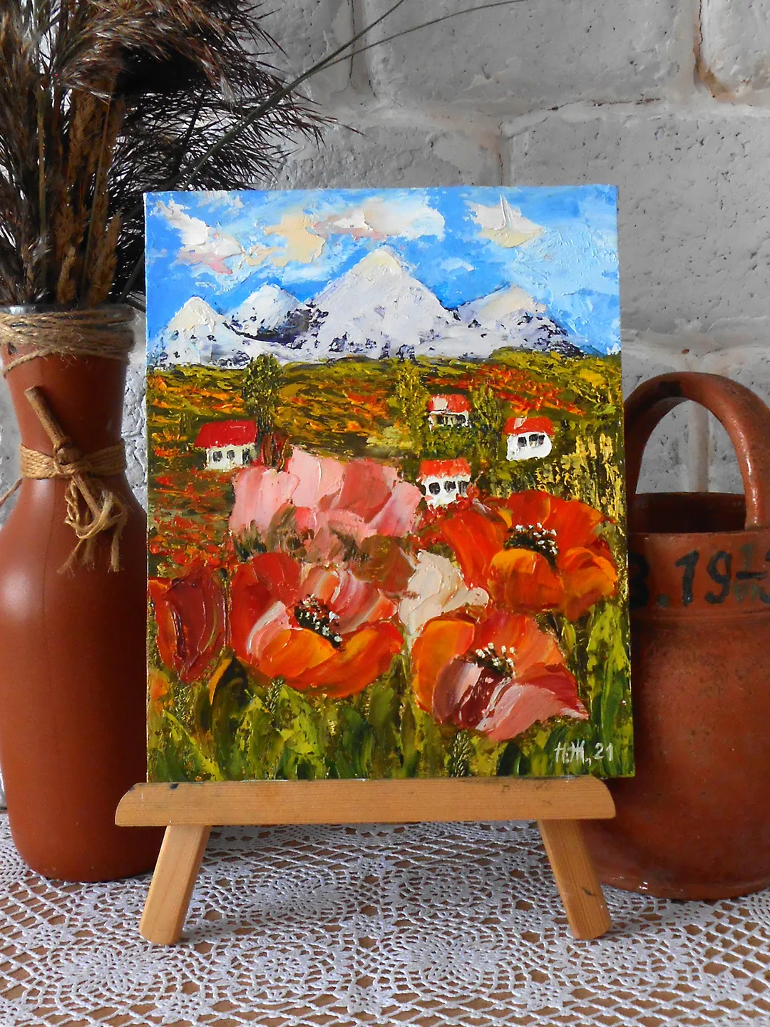Poppies oil painting landscape | Landscape painting with houses