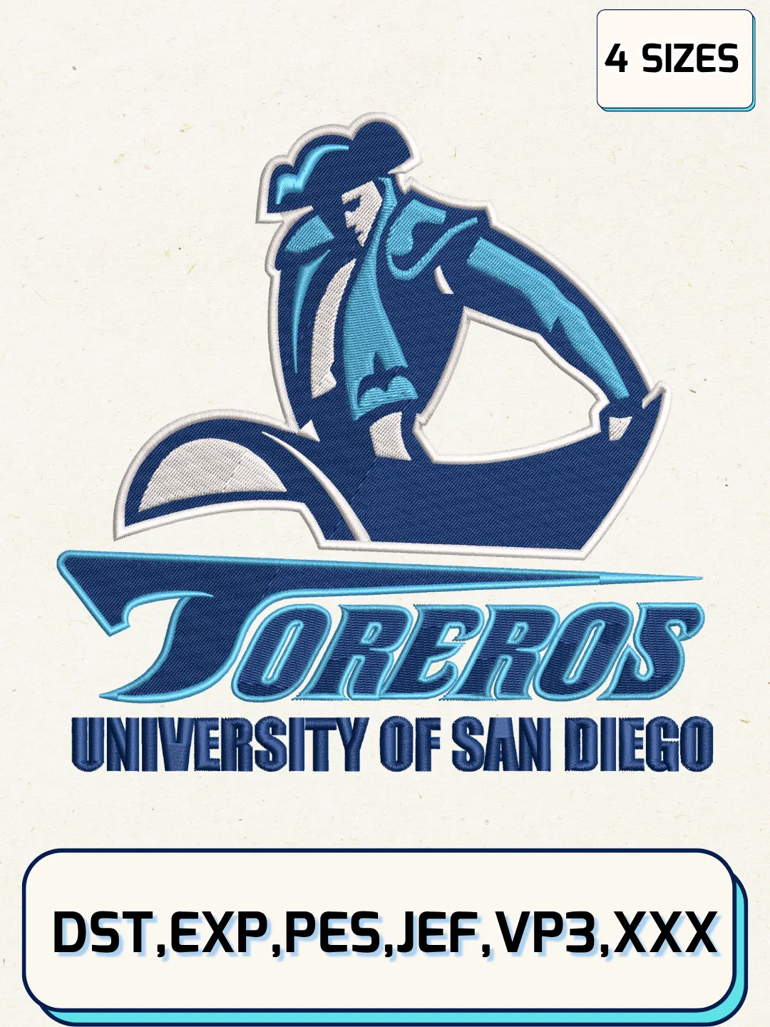 San Diego Toreros Secondary Logos Embroidery Design Files, NCAA Logos Embroidery Designs, Machine Embroidery Files, 4 Sizes