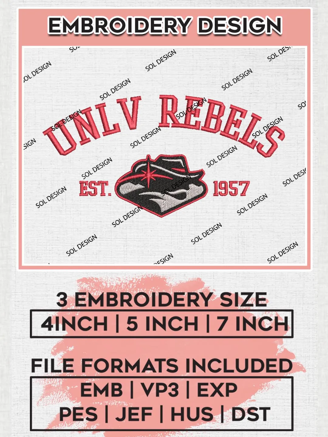 UNLV Rebels Est 1957 Logo Embroidery Designs, NCAA UNLV Rebels Team Embroidery, NCAA Team Logo, 3 sizes, Machine embroidery Files, Digital Download