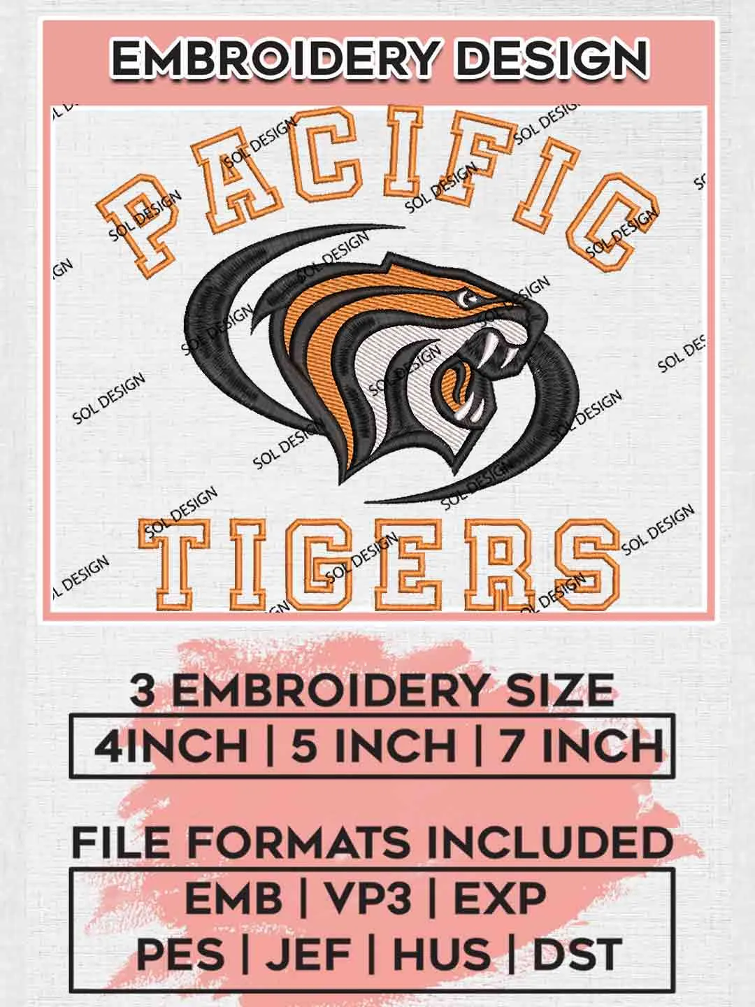 Pacific Tiger Embroidery Design, Football Embroidery files, Sport Machine embroidery files, 3 sizes, Instant Download