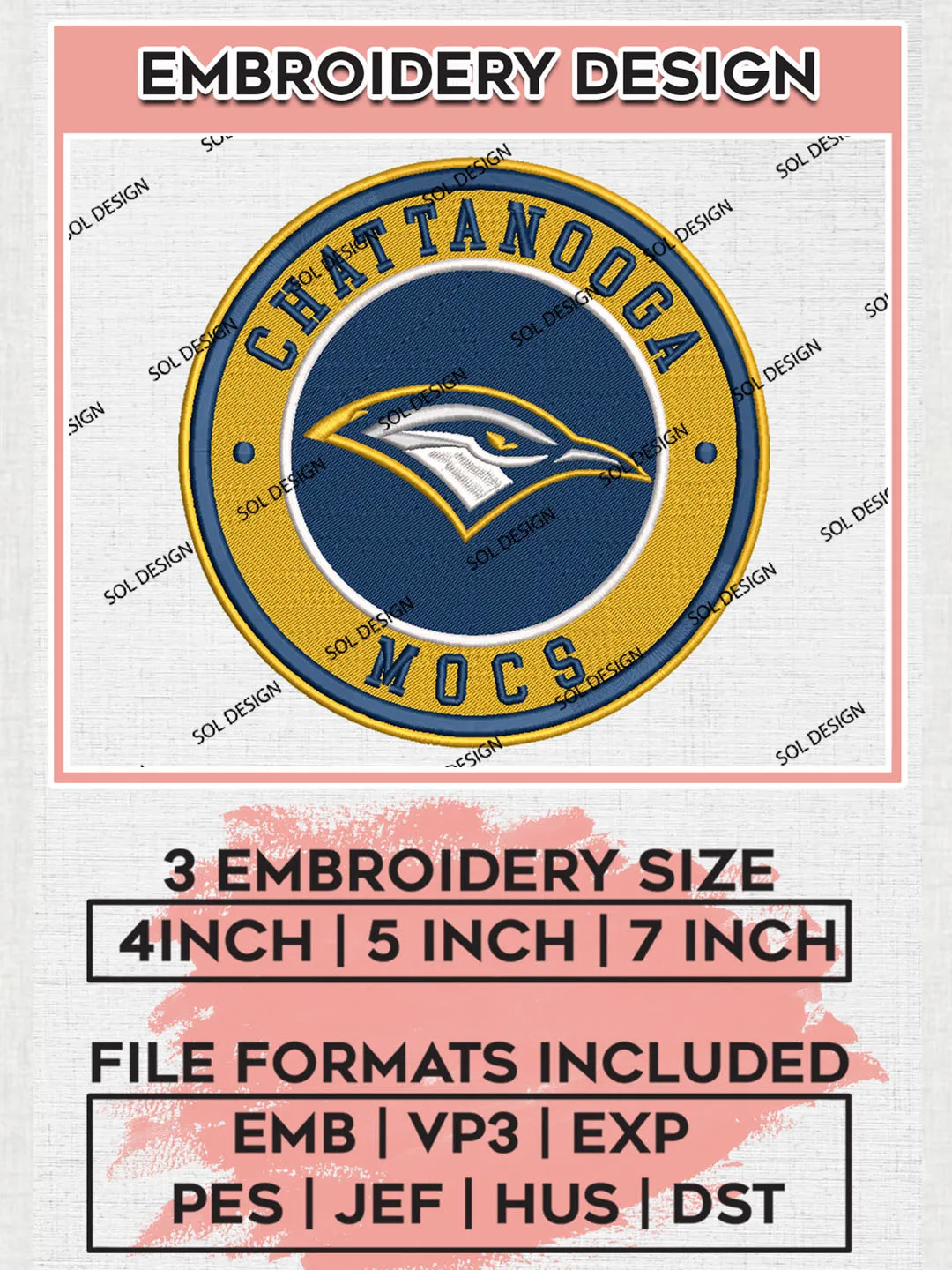 NCAA Chattanooga Mocs Round Logo Embroidery, NCAA Chattanooga Mocs Logo Embroidery files, NCAA Teams, Machine embroidery designs, Digital Download