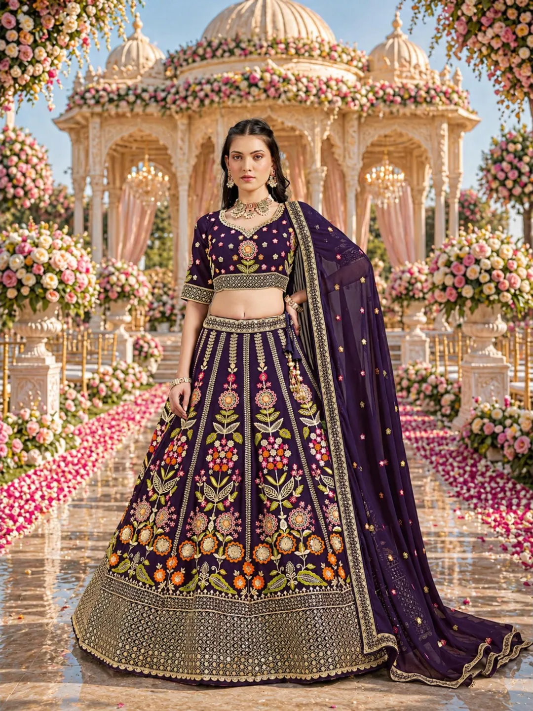 Purple Georgette Lehenga Choli For Women: Sequin Embroidery Indian Wedding Wear Ready To Wear